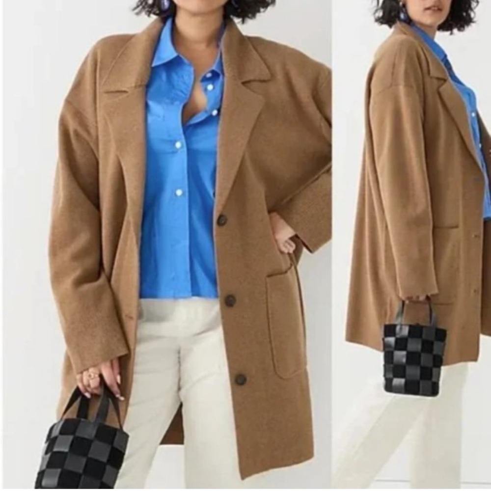 J Crew Camel Tan Oversized Wool Cotton Collared Sweater Jacket Size Medium - Picture 4 of 12